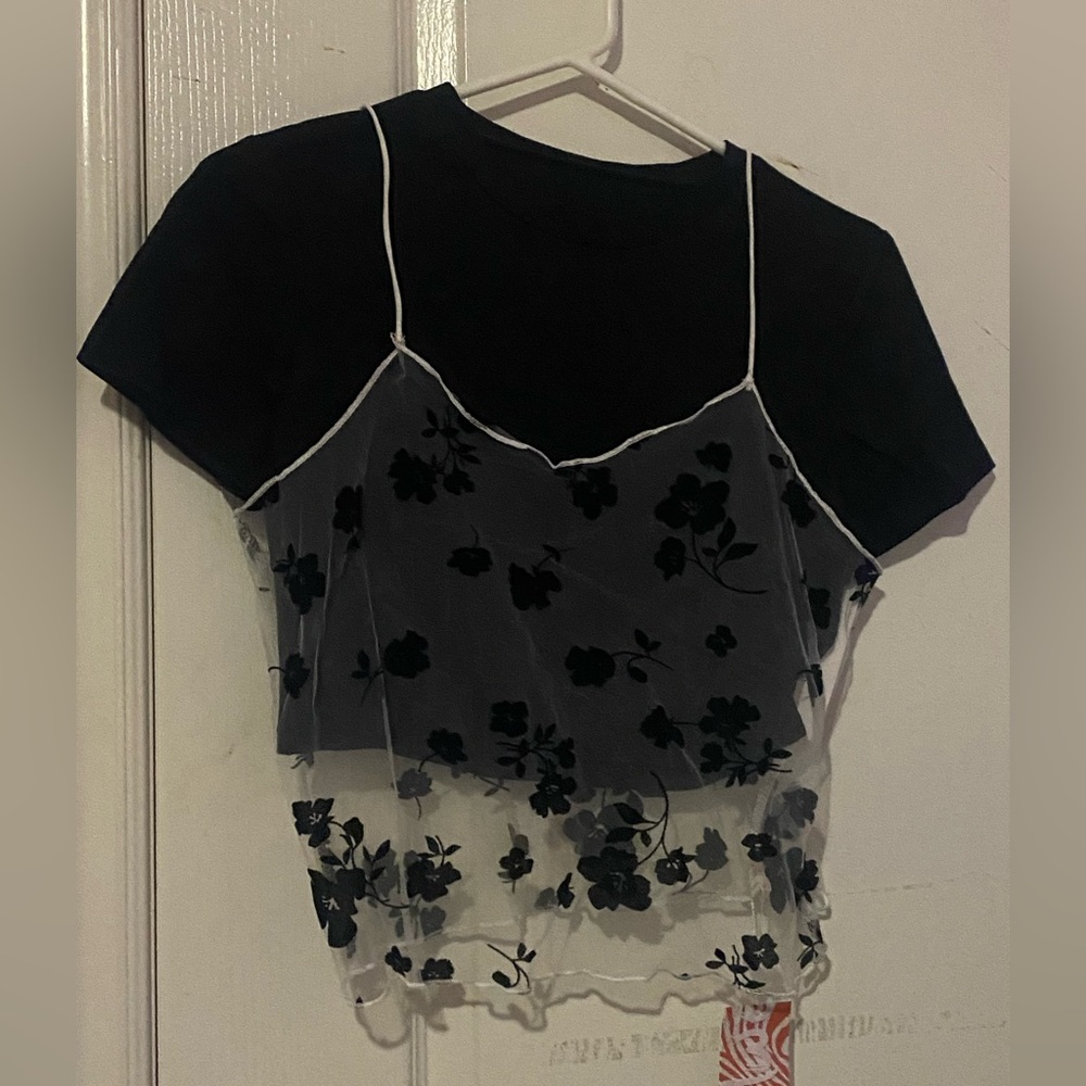 Black tee with floral mesh tank